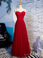 Burgundy Tulle Spaghetti Straps Long Prom Dress